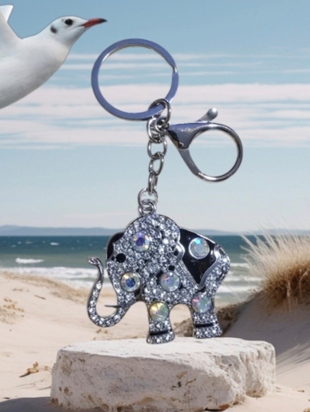 Rhinestone Elephant Key & Card Holder Charm - Silver